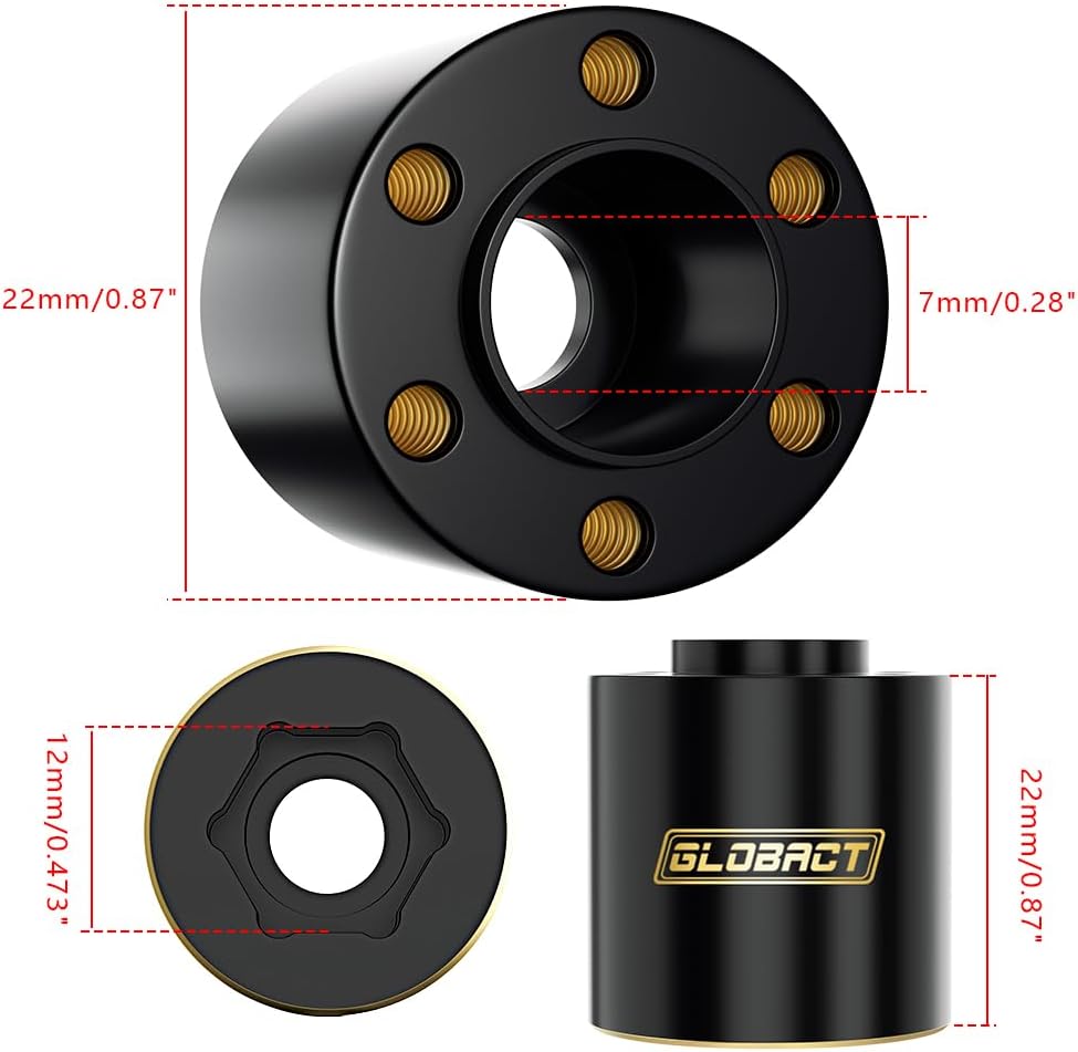 GLOBACT Brass Weights 12mm Hex Hub Extended Wheel Hex Hubs 200g Counterweight for 1/10 Trx4 Trx6 Axial SCX10 II III Redcat GEN7 GEN8 1.9in 2.2in Wheel Rims Upgrade Parts (4Pcs 22mm)