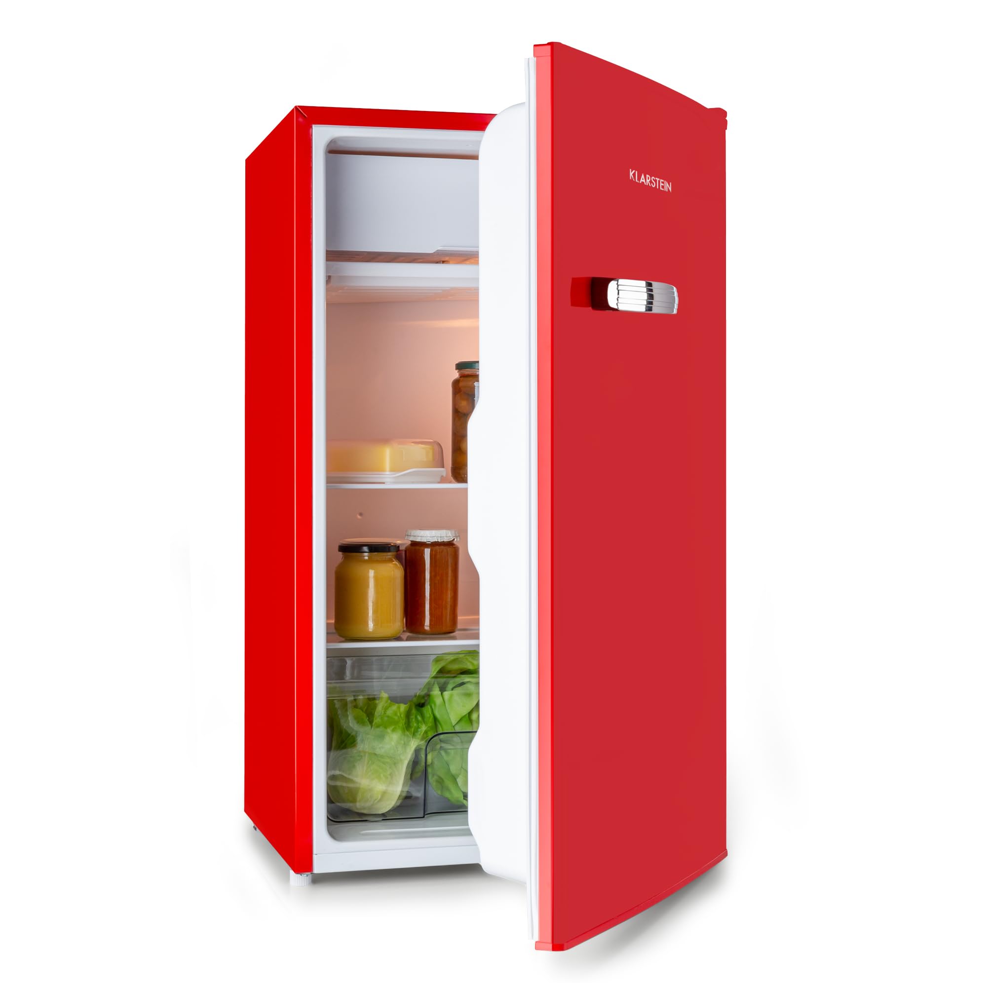 KLARSTEIN Beercracker - réfrigérateur 90 L, 90 L, Classe d'efficacité énergétique E, Compartiment congélateur, 3 Compartiments de Porte, décapsuleur sur l'appareil, 2 clayettes en Verre, Rouge
