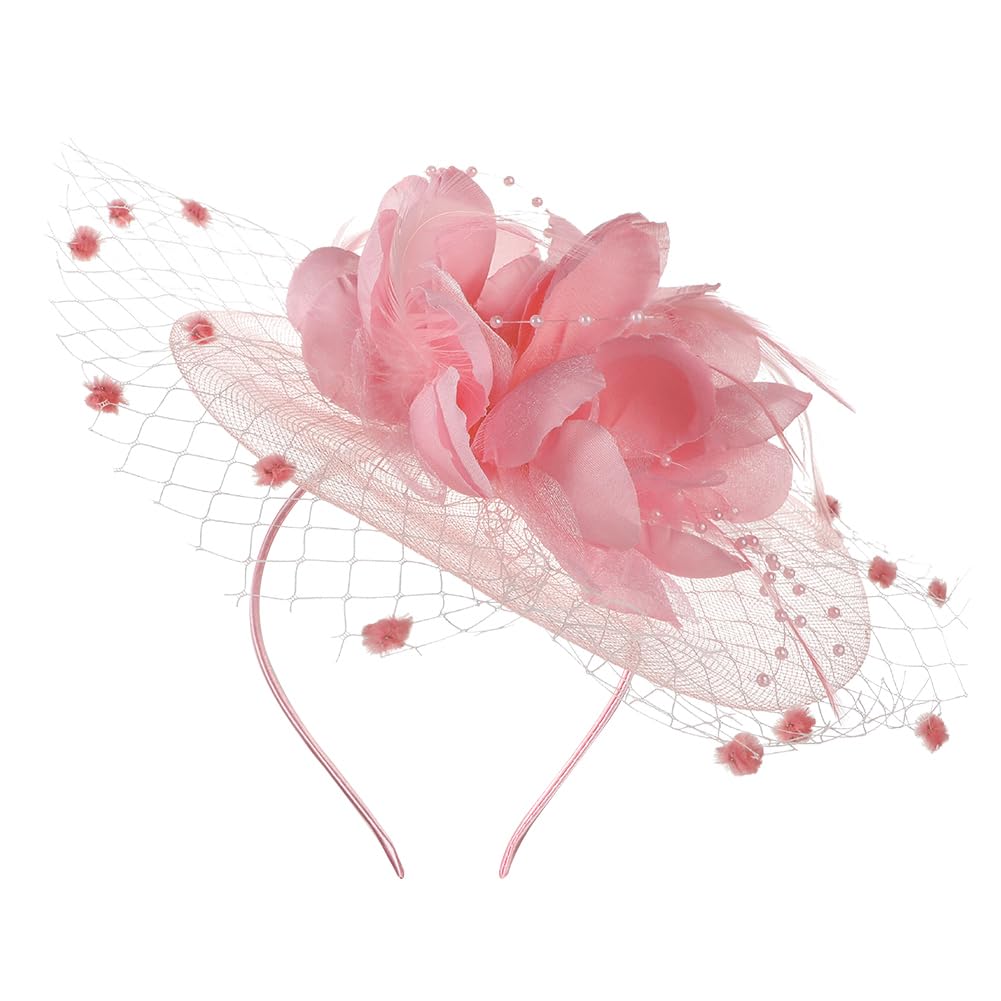 Flower Feather Fascinator Hat with Beads Ladies Pillbox Hat on a Headband and a Forked Clip Cocktail Party Race Hats Bridal Shower Hair Clip Headpiece for Wedding Tea Party Ascot Races Church
