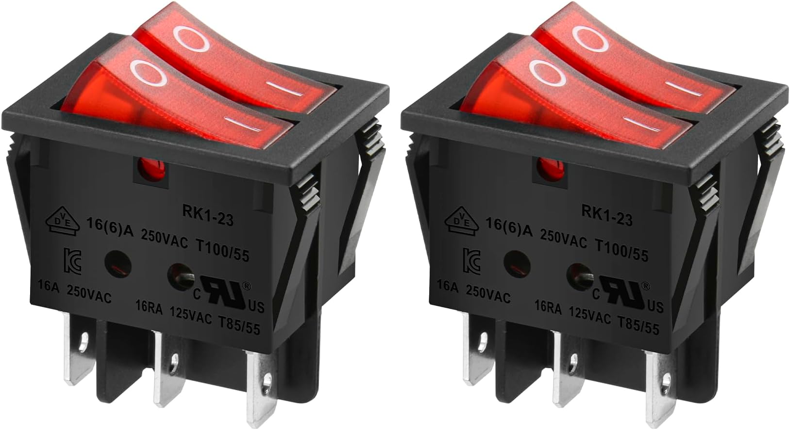 Heschen Double Rocker Switch SPST ON-OFF 6 Terminals Red light 16A 250VAC 2Pack