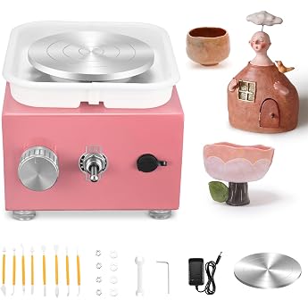 Electric Pottery Wheel Ceramic Wheel Machine 30 W Mini Electric Pottery Wheel with 10/6.5 cm 2000 rpm Adjustable Speed Pottery Wheel Children and Adults Pink