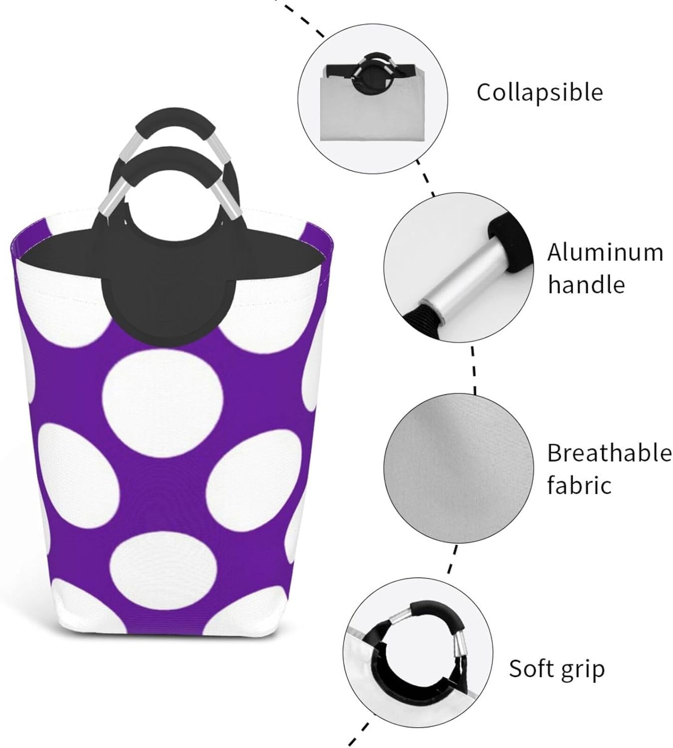 Large Laundry Basket, Modern Purple White Polka Dots Pattern Laundry Hamper Bag Collapsible Washing Bin With Handles for College Dorm, Family Essentials Storage