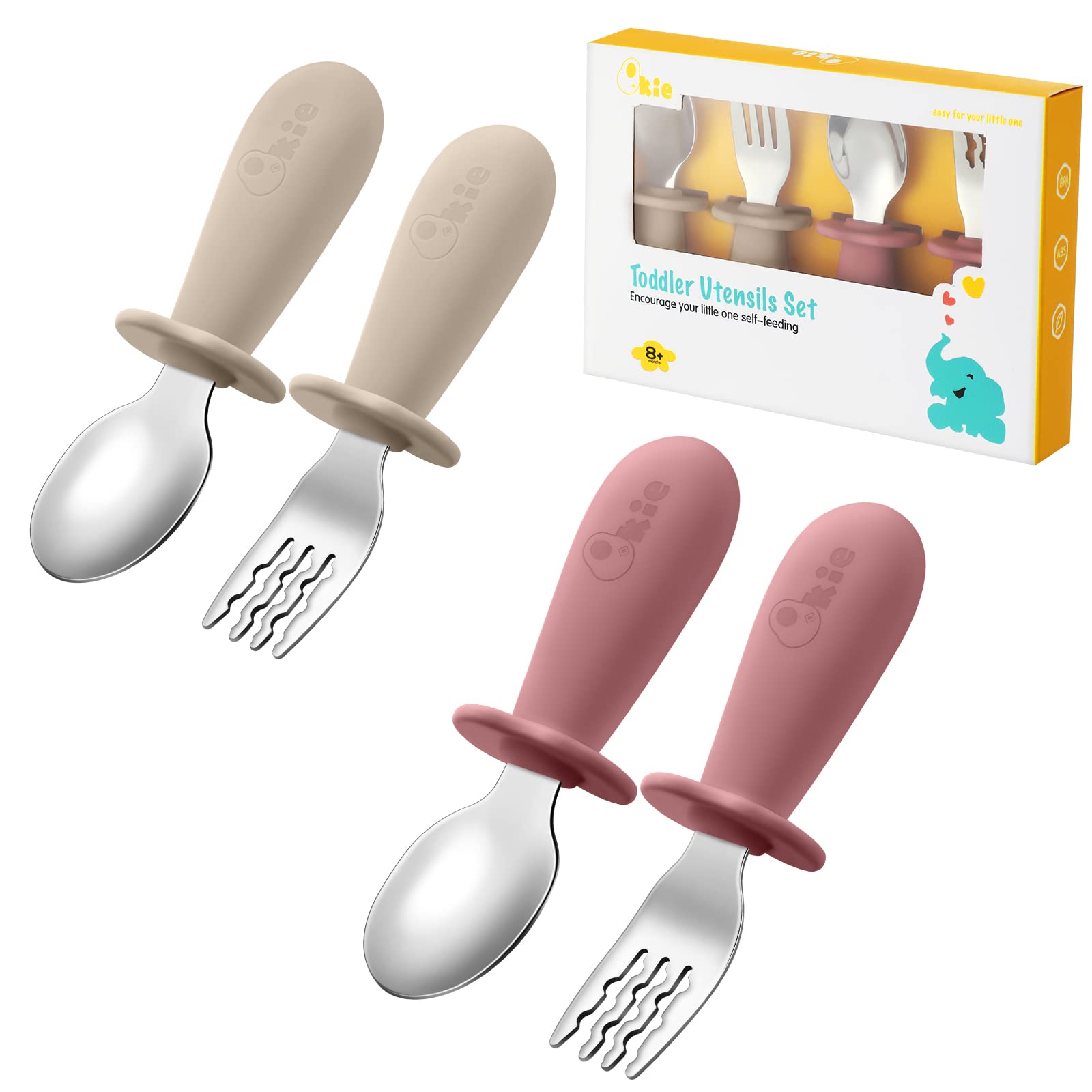Qkie 4er-Pack Kinderbesteck Nur, Baby Besteckset Edelstahl Baby Loffel Und Baby Gabel Mit Silikon Griffe Für Baby Kleinkind Esslernbesteck, 10 Monate+ (Sandweiß White+Machtrose Pink)