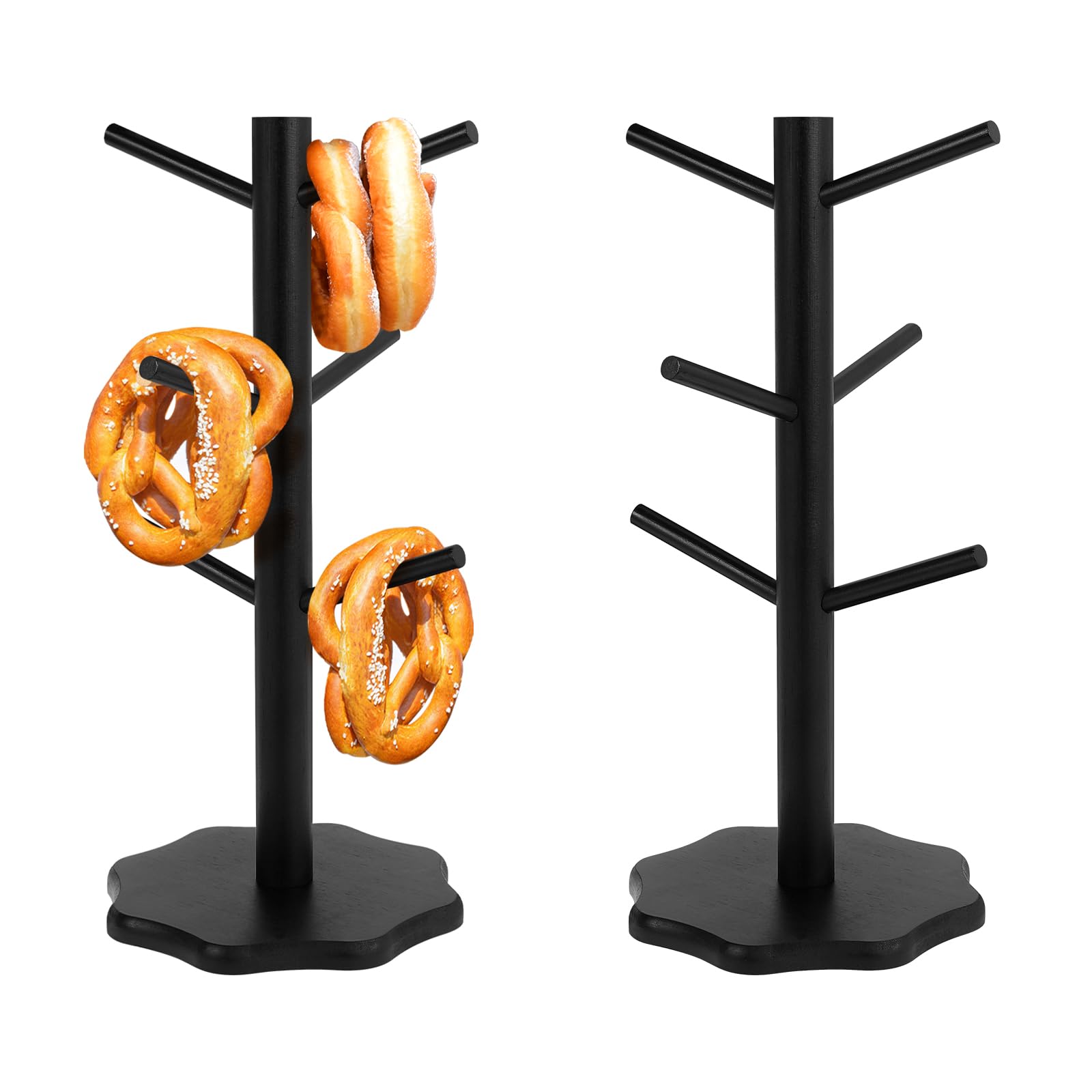 MENIBBLER 2 Pcs Wooden Pretzel Holder, Tree Shape Pretzel Display Holder, Desktop Sausage Stand with Hex Wrench for Sausage Decoration(Black)