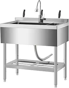 35 Inch Freestanding Stainless Steel Utility Sink with Pull-Out Faucet, Adjustable Height Laundry Tub with Hot & Cold Water, Basket, Shelf & Drain Kit for Kitchen, Garage, Outdoor, Basement