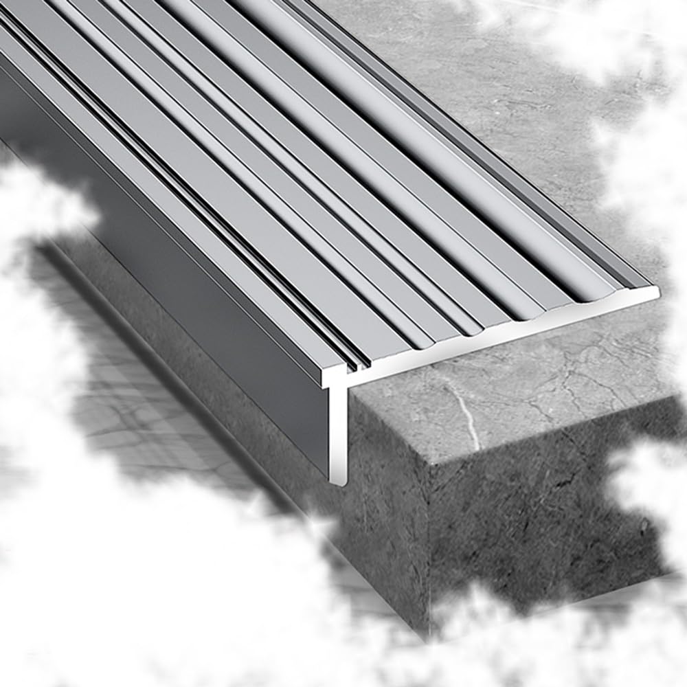 Stair Metal Step Edge Trim Staircase Protector Edging Anti Slip Stairs Transition Strip L-Shape Treads(Silver-Grey,90cm L)