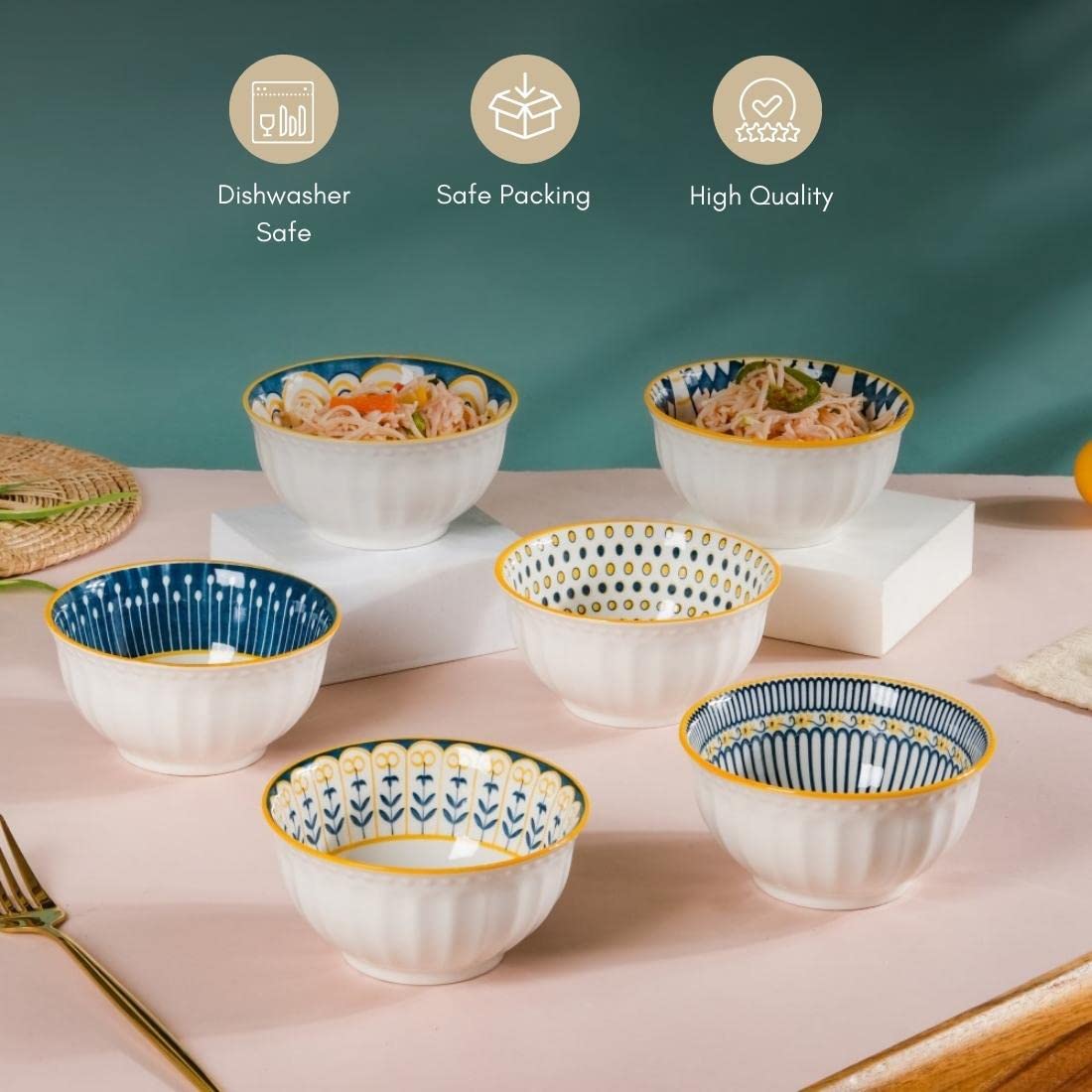 Nestasia Ceramic Bowl Set of 6 | Microwave & Dishwasher Safe Snack Bowls | Different Patterns with Textured Exterior | Ideal for Snacks, Soup, Rice, Dal, Curries, Sabji (280ml) 2