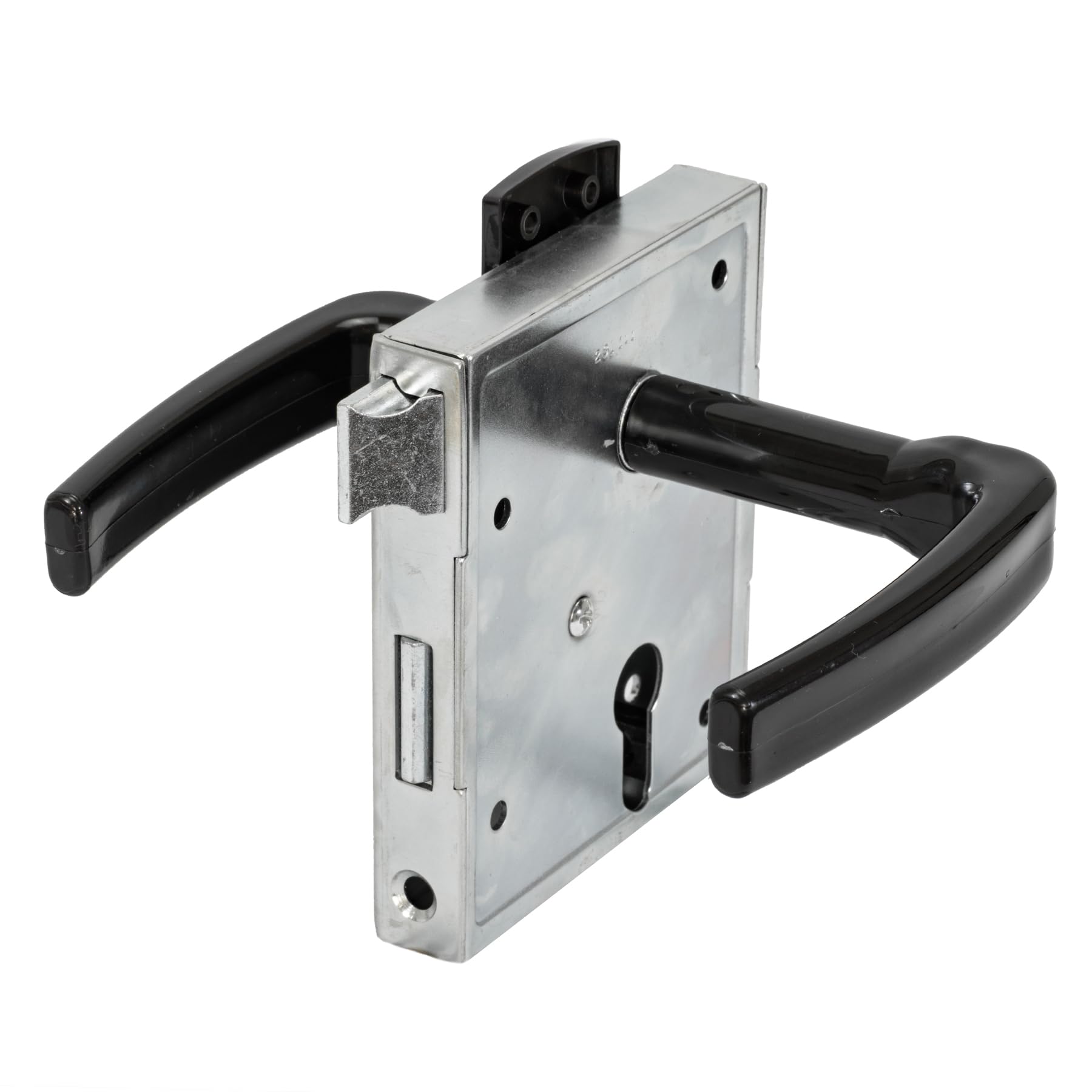 INTRA-TEC Kastenschloss für Profilzylinder – für Gartentore & Kellertüren, Dorn 60 mm, Entfernung 55 mm, DIN L/R, verzinkt, schließende Falle, zweitourig mit Drücker und Schild, Edelstahlstulpe