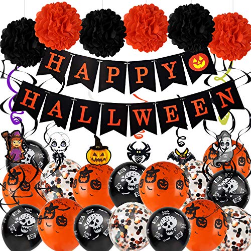 48 Pack Halloween Party Decorations Kit, Happy Halloween Banner, Latex Balloons are Printed with Halloween Patterns, Halloween Hanging Swirls, Paper Garlands Halloween Home Party Decoration Supplies