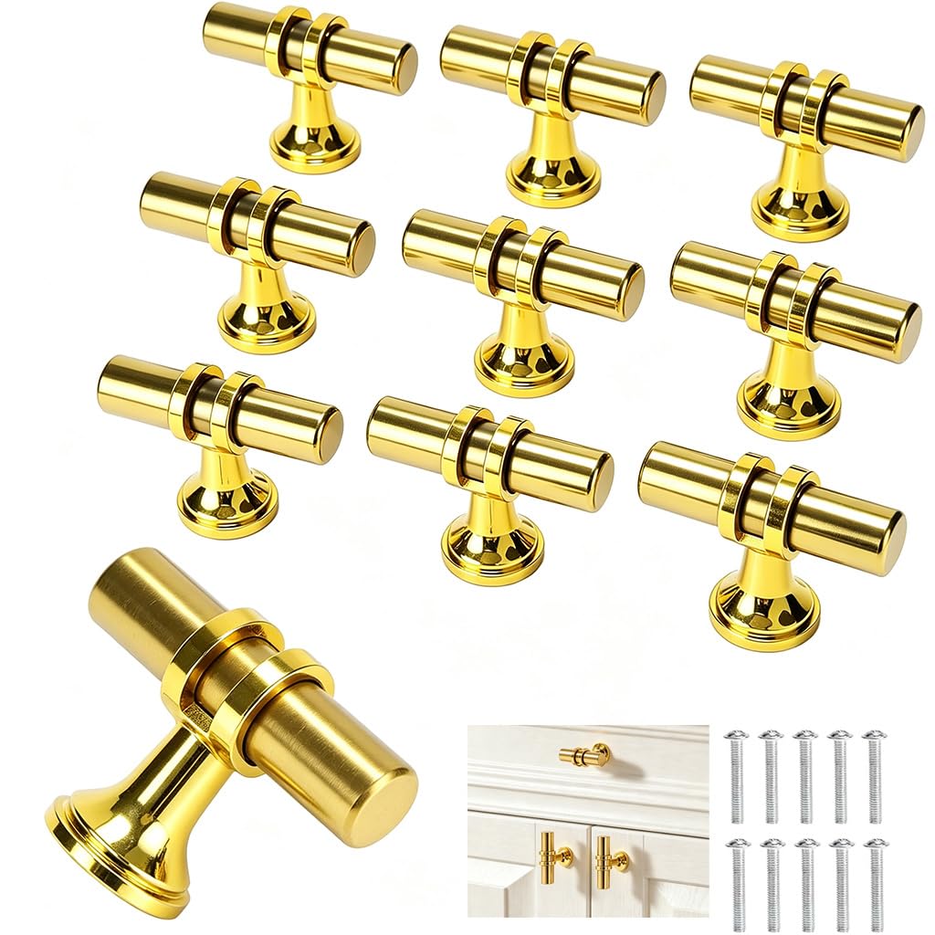 Xnqelerate 10 Pack Wardrobe Handles, Stainless Steel Single Hole T-Bar, Cupboard Handles with Screws, Brushed Door Knobs for Dresser, Bathroom, Wardrobe, Shoe Cabinet (Gold)