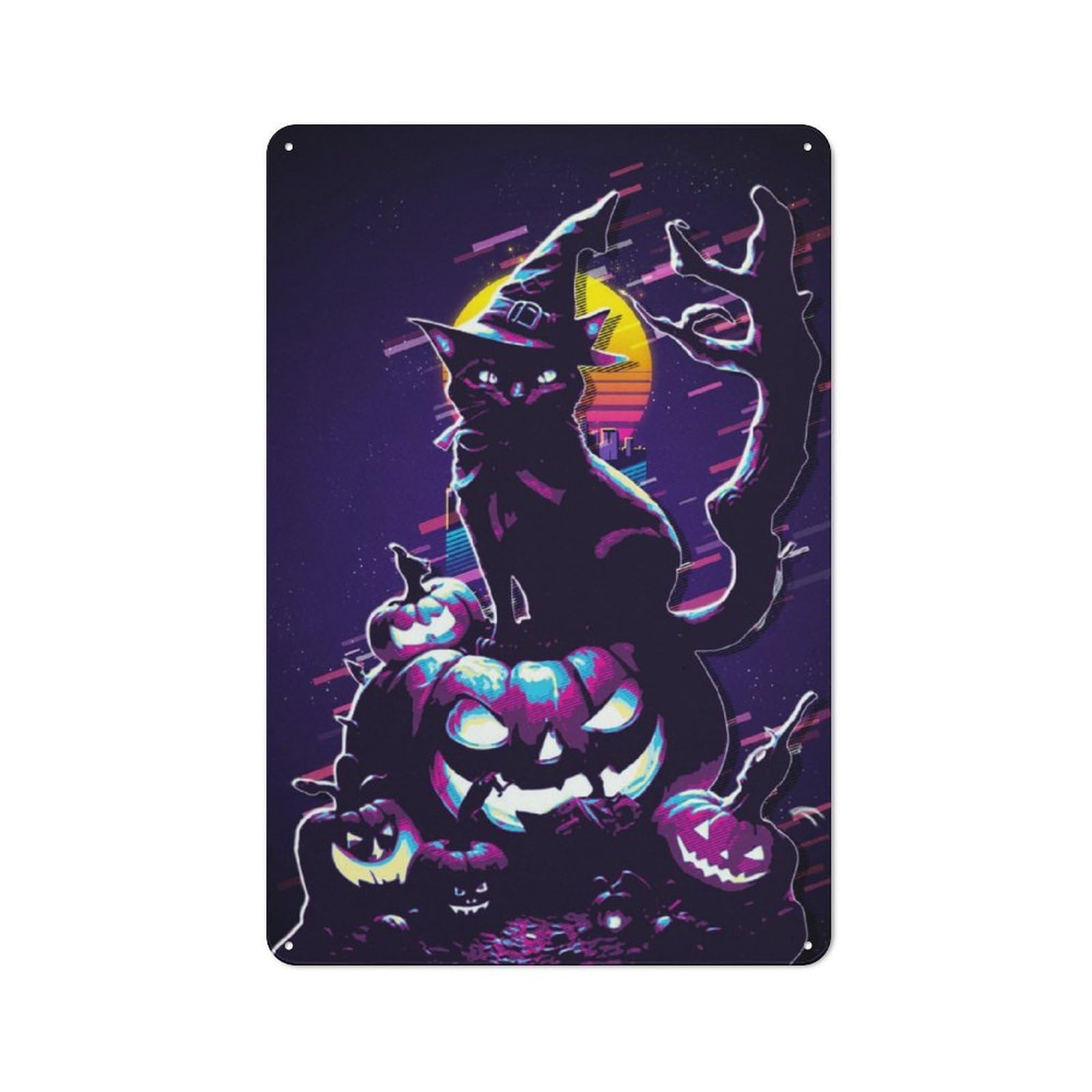 Junmoney Halloween Cat & Pumpkins Retro Decorative Metal Plaque 30X20cm, Garage Wall Decor For Garage, Workshop, Shed Or Utility Room