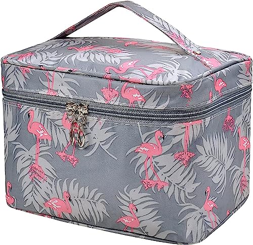 VIULVUK Professional Large Makeup Kit Organizer for Girls | Waterproof Cosmetic Bags with Big Compartment | Wash Bag & Travel Toiletry Pouch for Women’s Skincare Accessories Storage (Grey Flamingo)