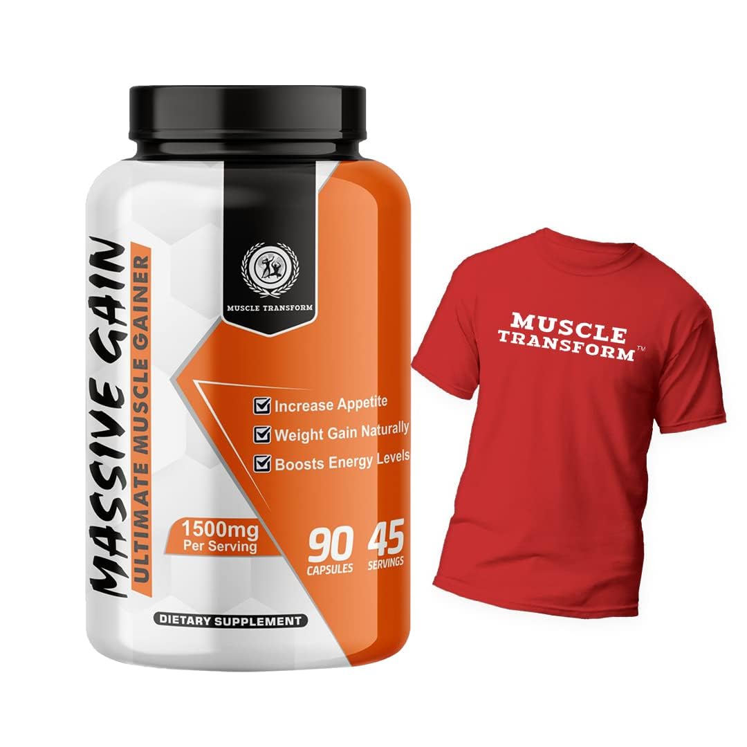Bulk Gain Mass & Weight Gainer Capsule Fast Weight & Muscle Gain,Daily Muscle Building Weight Lifters Supplement for Muscle Growth, Stamina & Strength-Men & Women,90 Cap| Free T-Shirt