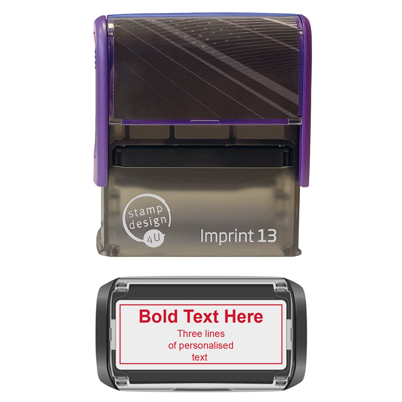 Stamp Design 4U Red Personalised Imprint 13 Self Inking Business Address Stamp Bold Large Title With Three Lines Of Text In Ink With A Border