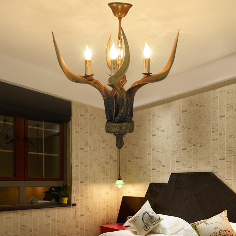 SXECAEPS Modern creative chandelier American Retro Deer Antler Luxury Creative Living Room Restaurant Bedroom Clothing Store Cafe Bar Log Cabin Pendant Light (H 4 Lights)