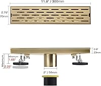 Vista 5 de Desagüe lineal de ducha de 12 pulgadas, color oro cepillado, cubierta rectangular de drenaje de ducha, recolector de pelo, acabado de latón de acero