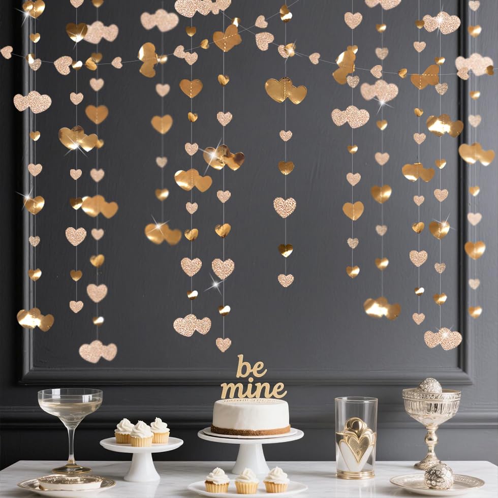 Image of Valentines Day Party Decorations Champagne Gold Heart Garland Metallic Glitter Paper Love Heart Streamer Banner for Anniversary Mothers Day Engagement Bridal Shower Wedding Bachelorette Birthday Party