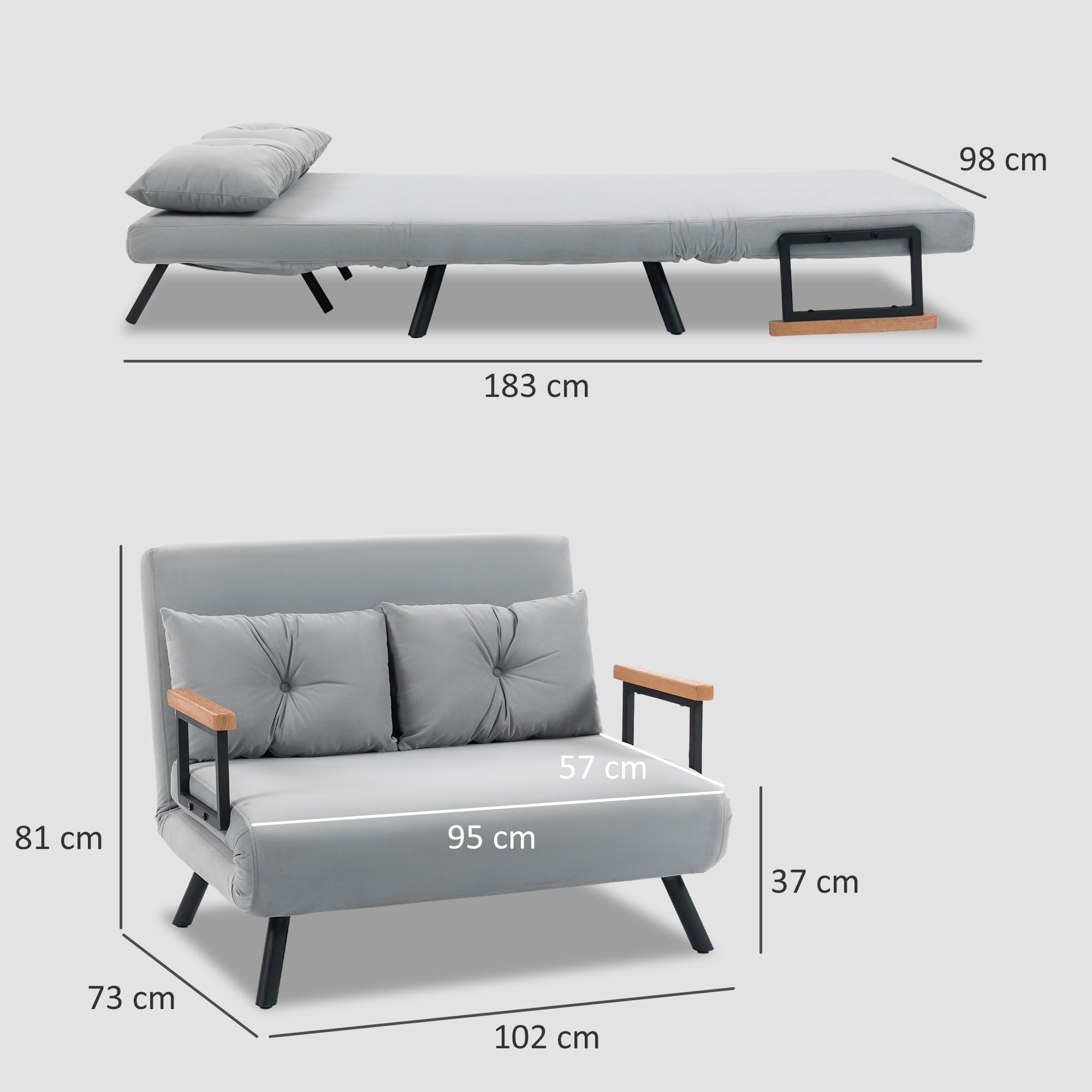 HOMCOM Sofá Cama de 2 Plazas 4 en 1, Sofá Cama Plegable Tapizado en Terciopelo con Respaldo Ajustable de 5 Niveles y Almohadas Acolchadas, para Oficina, Dormitorio, Salón, 102x73x81 cm, Gris Claro