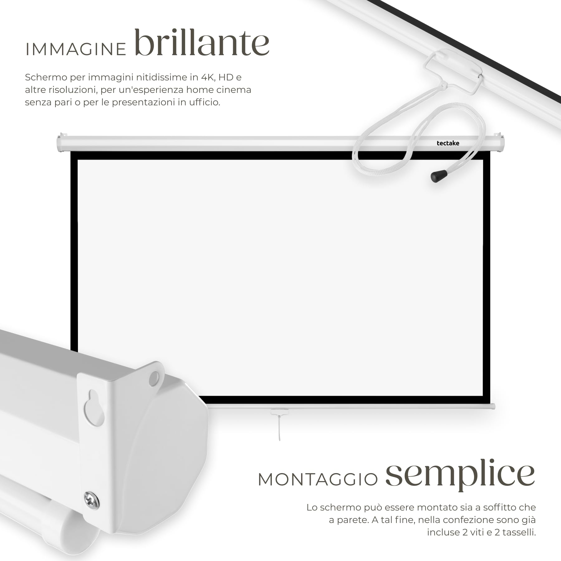 tectake® Schermo Proiettore 16:9 4K HD, 186 x 105 cm (84"), Telo Proiettore Regolabile, Bordo Nero Per Parete, Schermo Portatile Cinema Home Theatre, telo per proiettore avvolgibile per casa, scuola