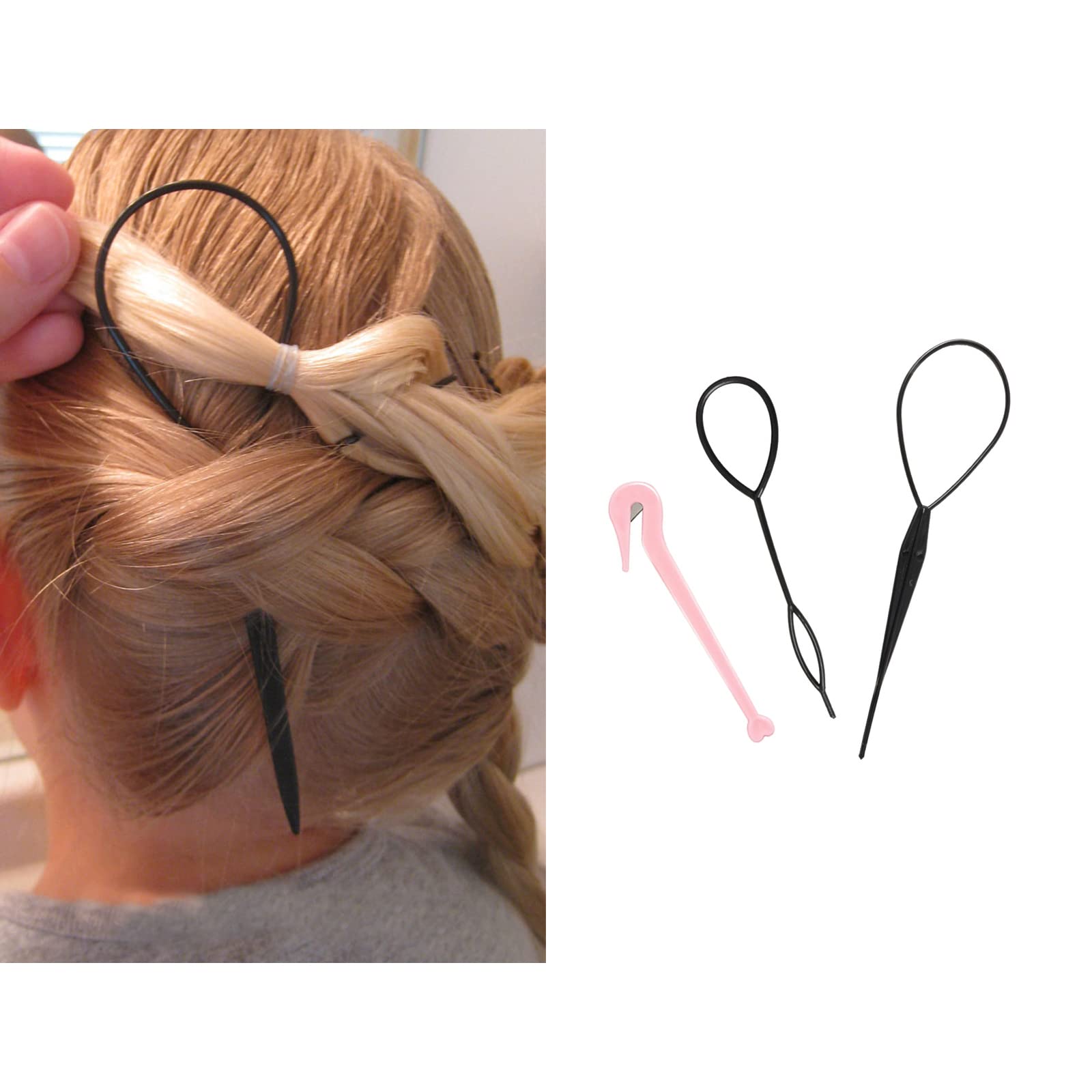 Topsy Tail Hair Tool, Pony Tail Hair Braiding Tool Bands Remover Cutter Hair Looping Tool Hair Pull Through Tool Hair Loop Tool Hair Hoop Tool for Women Girls Styling Maker (black+pink)