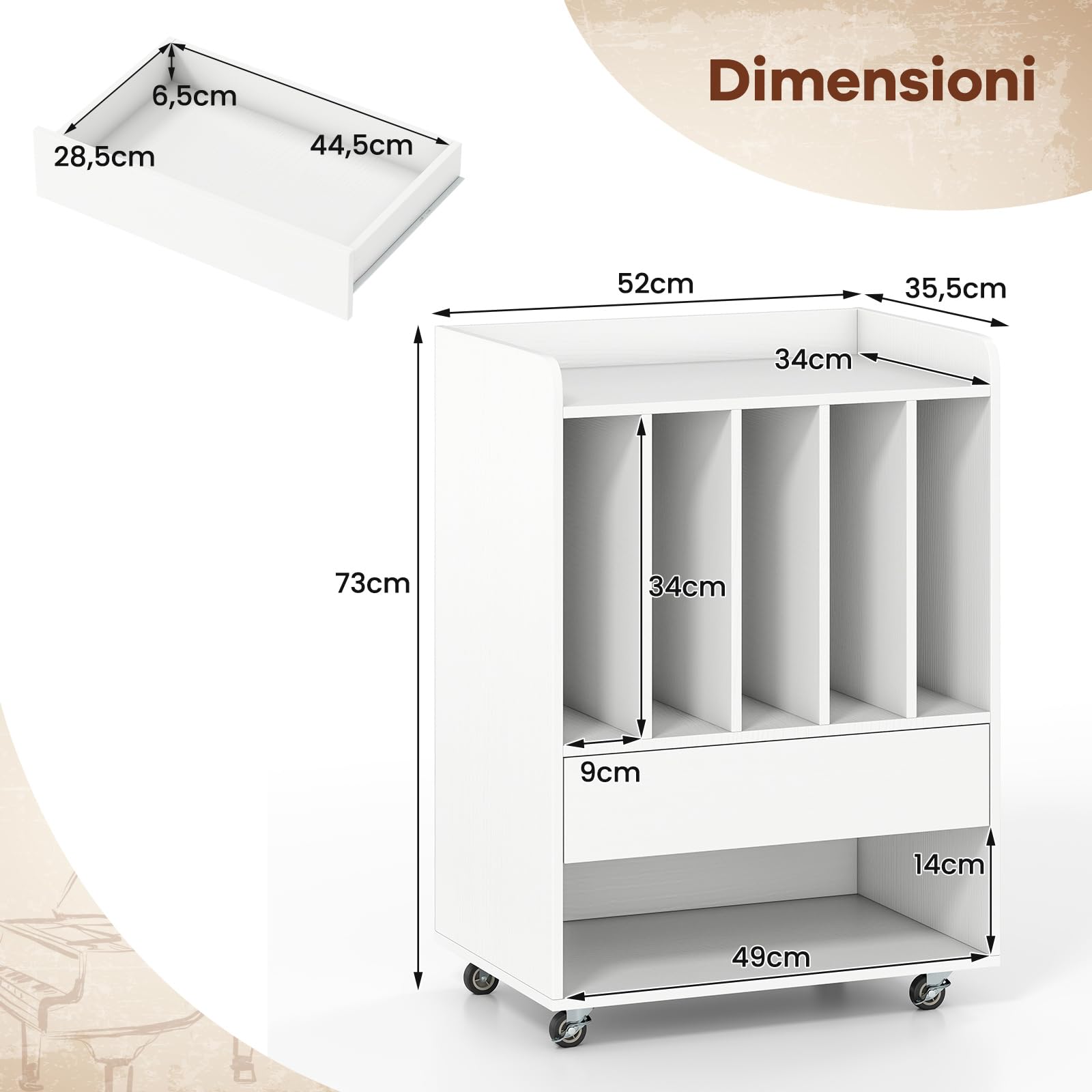 COSTWAY Mobile Porta Vinili con 4 Ruote Universali, Porta Dischi Vinile con Cassetto, Scomparto Aperto e Gancio Rimovibile, Mobile Giradischi Salvaspazio per Studio, Ufficio e Soggiorno (Bianco)