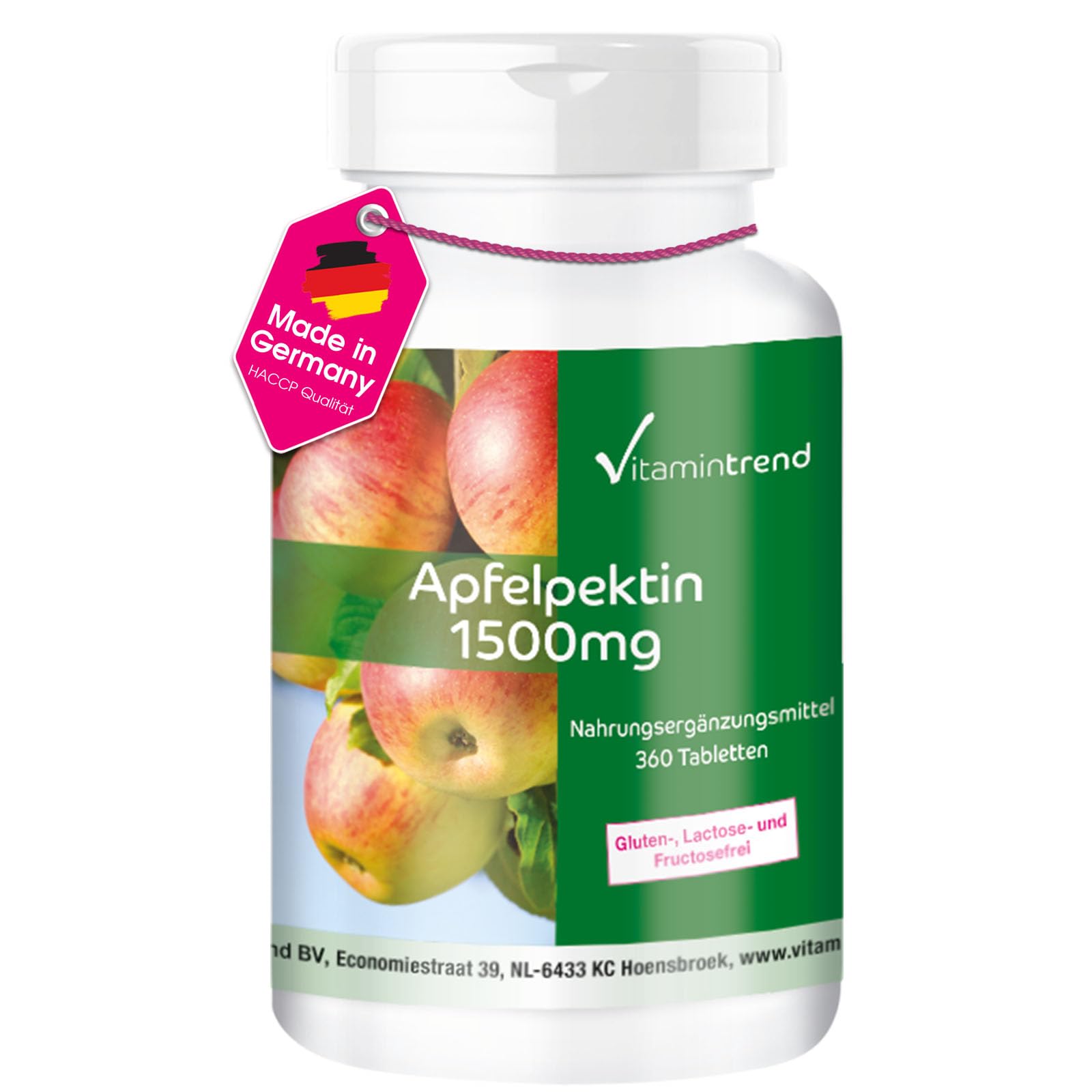 Vitamintrend Apfelpektin 1500mg pro Tagesdosis, 360 Filmtabletten, mit Calcium und Vitamin C, veganes Nahrungsergänzungsmittel ohne Zusätze, in Deutschland hergestellt