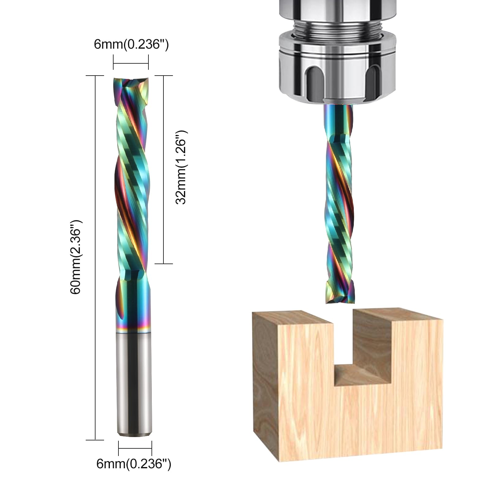 Spiralnutfräser 6mm Schaft Kompressionsfräser 32mm Schnittlänge Nutfräser Nutfräser Holzfräser Spiralfräser VHM Schaftfräser 2 Flöten Router Bit Langlochfräser Holz CNC Fräser für Oberfräse
