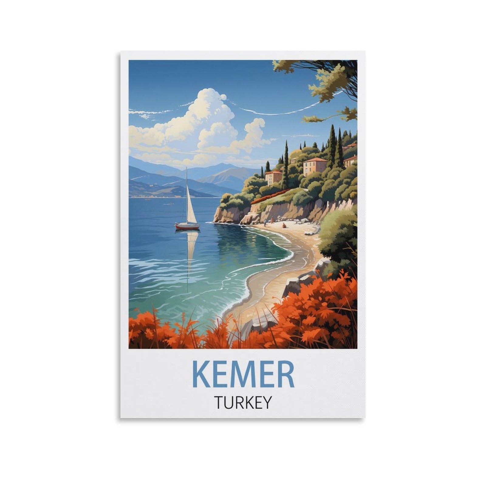 Lcynnh Unframe-Style Kemer Turkey Vintage Travel Poster Coast 20X30inch(50X75cm) Print Poster Home Bathroom Bedroom Office Living Room Decor Canvas Poster