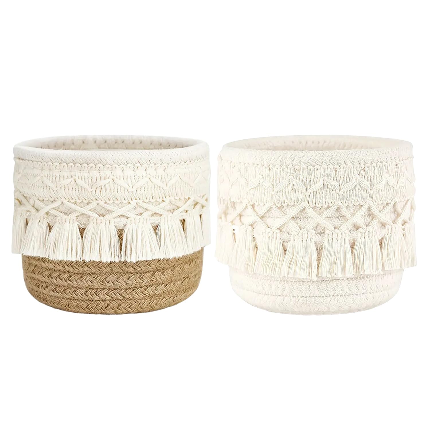 HINFHI 2 Pieces Woven Basket, Desktop Storage, Boho Style, Cotton Rope, White + Khaki, Round Shape, Modern Design, Storage & Decoration