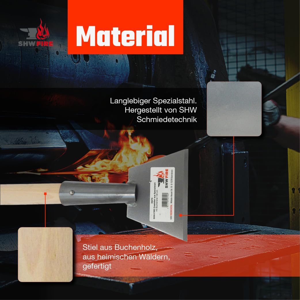 SHW-FIRE | Eisstößer aus Spezialstahl, robuster 130 cm Buchenholzstiel, ergonomisches Design, ideal zum Entfernen von Eis, Schnee & Rückständen auf Einfahrten & Terrassen | Made in Germany