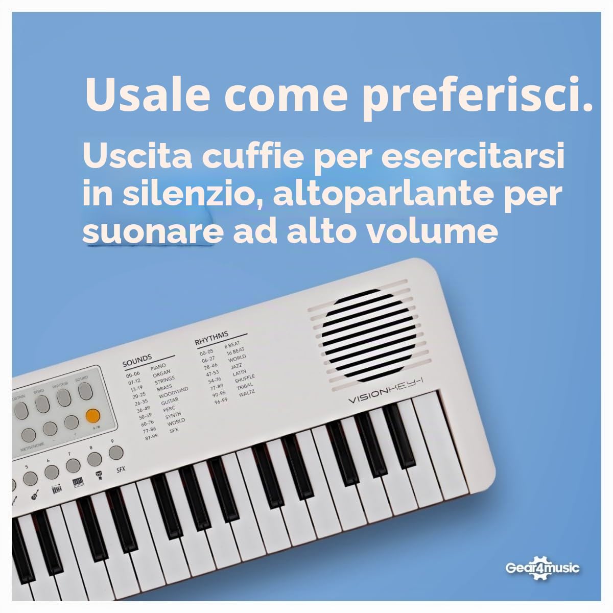 VISIONKEY-1 Mini Tastiera Digitale 37 Tasti per Bambini e Principianti | Piano Elettrico a Mini Tasti su 3 Ottave, 100 Suoni e Ritmi, Uscita Cuffie, USB-C o Batterie, Bianco