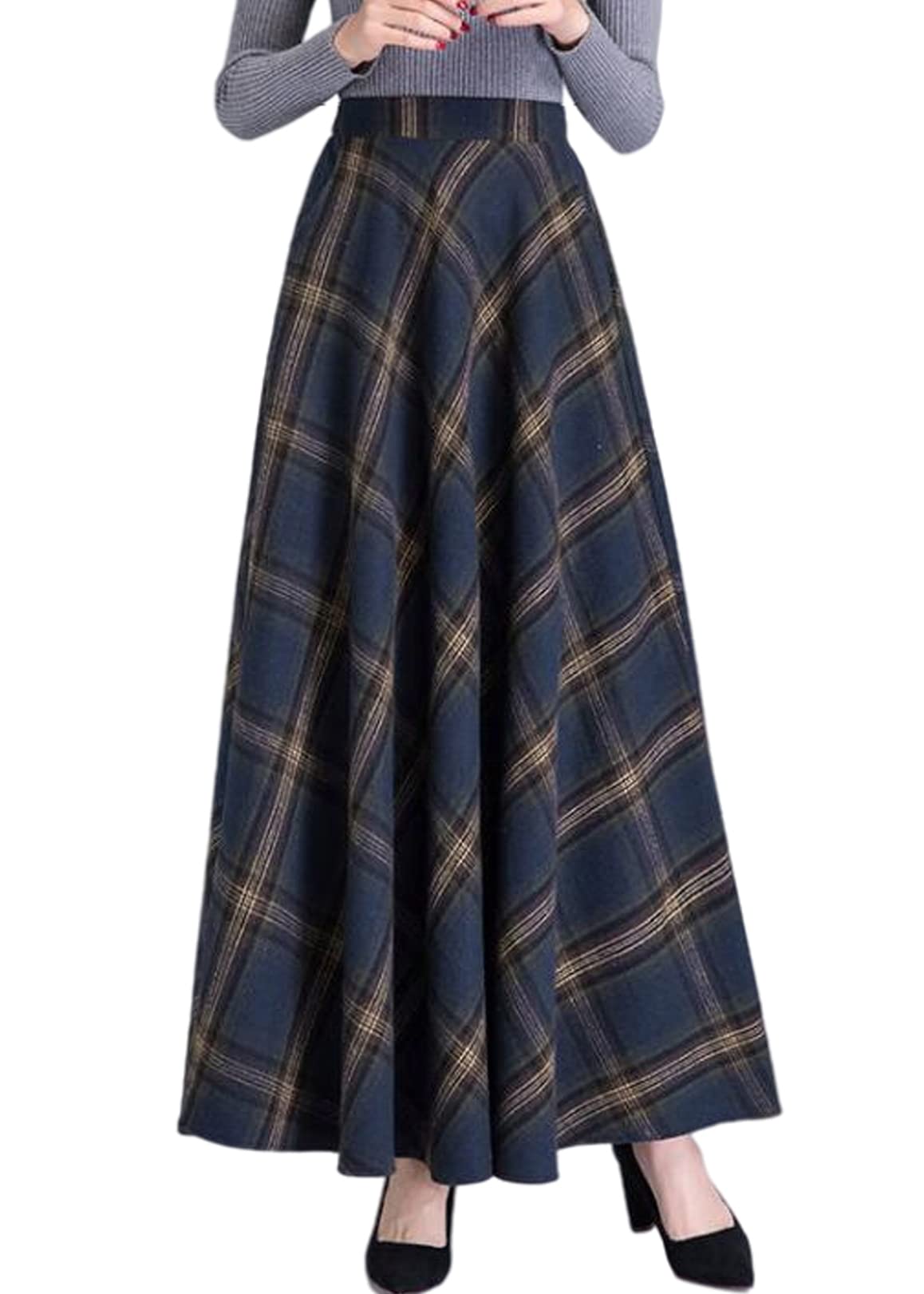 Botowi Women's Dark Blue Tartan Maxi Skirt Winter Vintage Woolen Plaid A-Line Maxi Skirt Elastic Waist Elegant Swing Skirt Warm Thick High Waist Pleated Flared Skirt,,Xxl