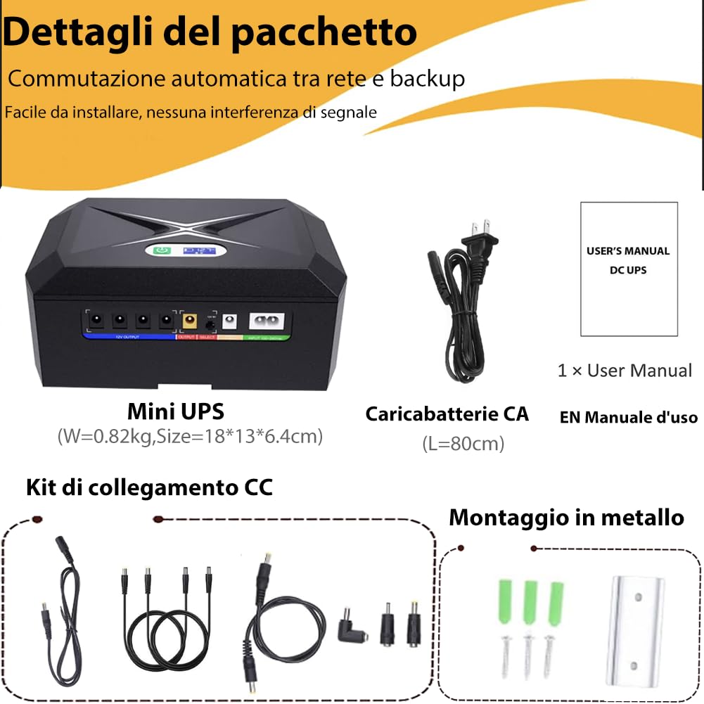 SAI Mini UPS para WiFi, Router, Módem, Cámara de Vigilancia, Entrada AC Salida 5V USB 5V 9V 12V DC 3A (45W)