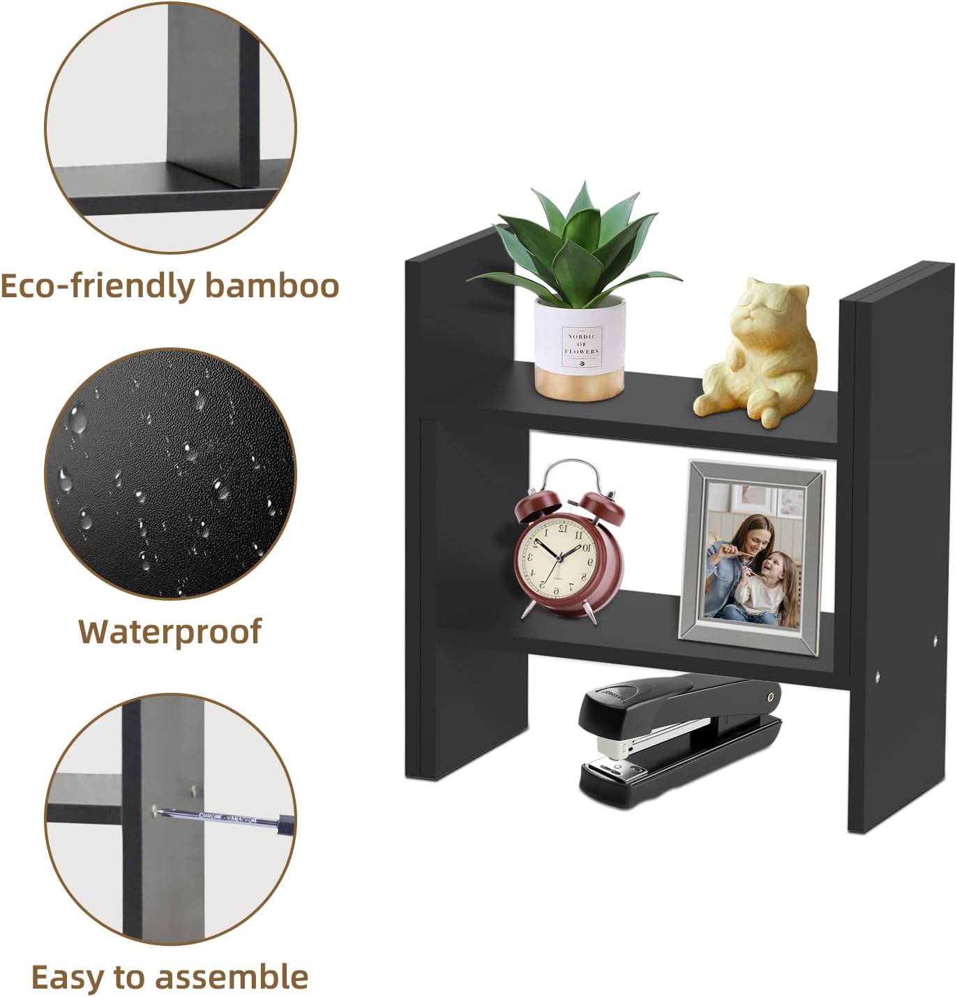 TY ARTS & CULTURE - Expandable Wood Desktop Storage Organizer Multipurpose Desk Bookshelf Display Shelf Rack Counter Top Bookcase for Office Home | Black