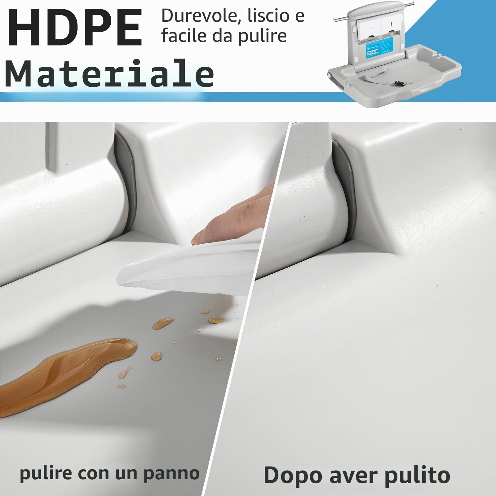 modunful Fasciatoio Bambini da Parete, Pieghevole Fasciatoio Commerciale Orizzontale 85 x 59 cm a Muro, in HDPE per Pannolini con Cinghia di Sicurezza Regolabile, Conforme CPC, Bianco Grigio