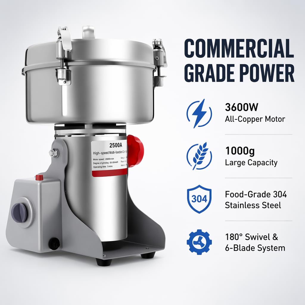 Molinillo eléctrico de granos de 2500 g, motor de cobre de 4500 W, tipo oscilante comercial, alta velocidad para granos, especias, café, maíz y pimienta. (4500g)