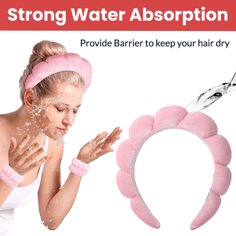 TEMPERIA Makeup Headband Wristband Set for Women & Girls | Hair Band for Facial Time | Head Bands Skincare Hairband for Spa | 3 Pieces Set | Pink 4