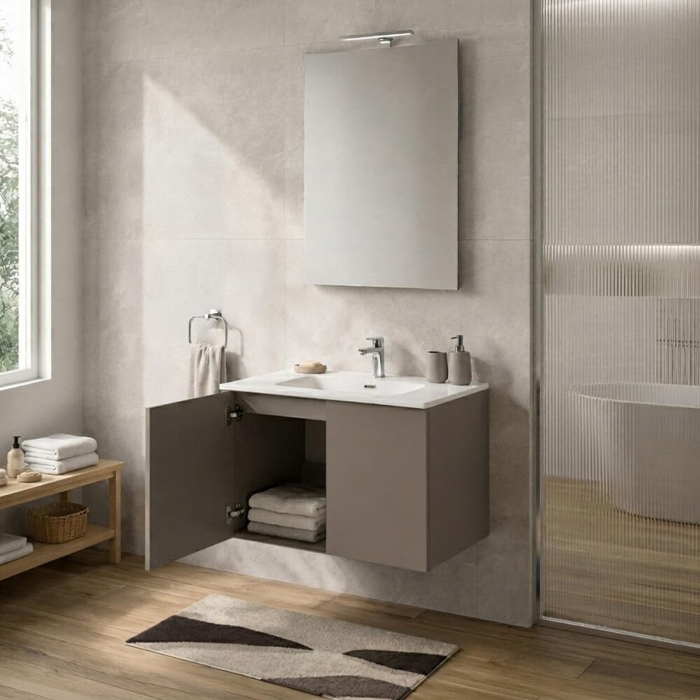 Mobile Bagno Sospeso 80 cm Tortora – Mobiletto Lavabo Moderno a Due Ante Push and Pull – Mobile Già Montato con Lavandino ad Incasso Linea Tierra