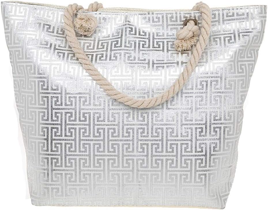 Glam Rope Handled Silver Metallic Geometric Beach Tote Bag