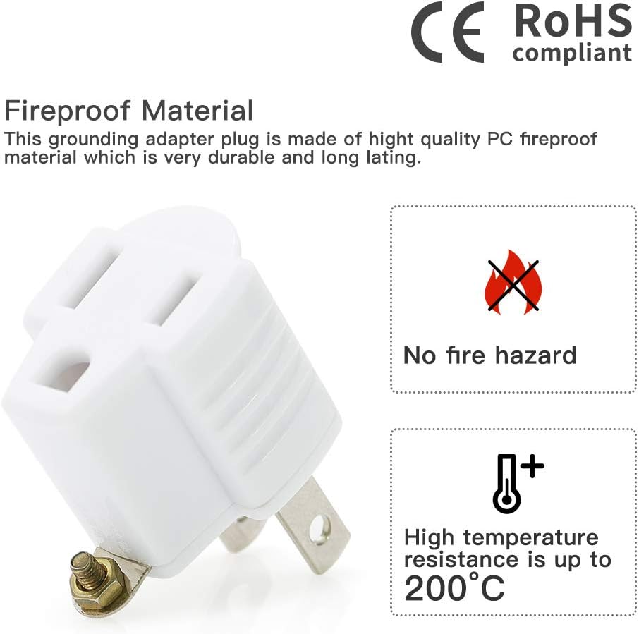 SYCON 3-Prong to 2-Prong Adapter, 3 Hole Grounding Plug Adapter for Household Appliances, Three Prong to Two Prong Adapter Converters for Wall Outlets Plugs, 2 Pack White
