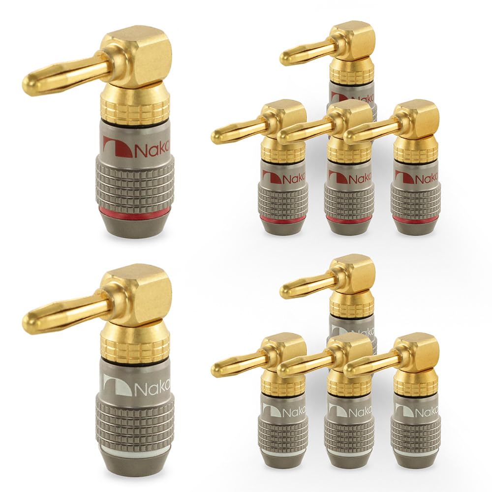 Nakamichi FanLock Excel Connettore a angolo retto banana placcato oro 24 carati 10 AWG - 18 AWG spessore 4 mm 10 pezzi