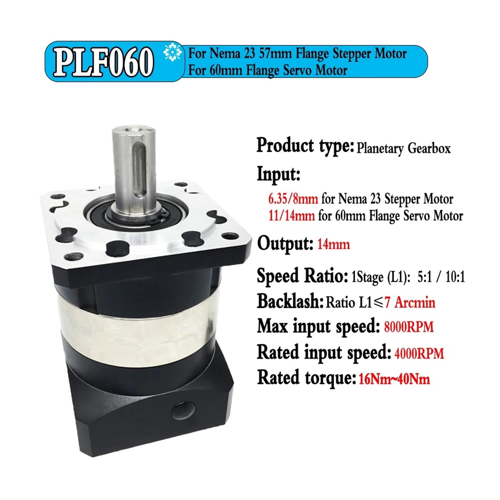 Reductor planetario PLF060 para motor paso a