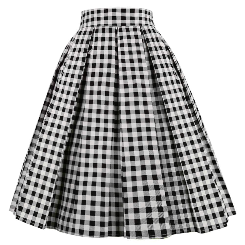 OBBUE Dresstore Vintage Pleated Skirt Floral A-line Printed Midi Skirts with Pockets
