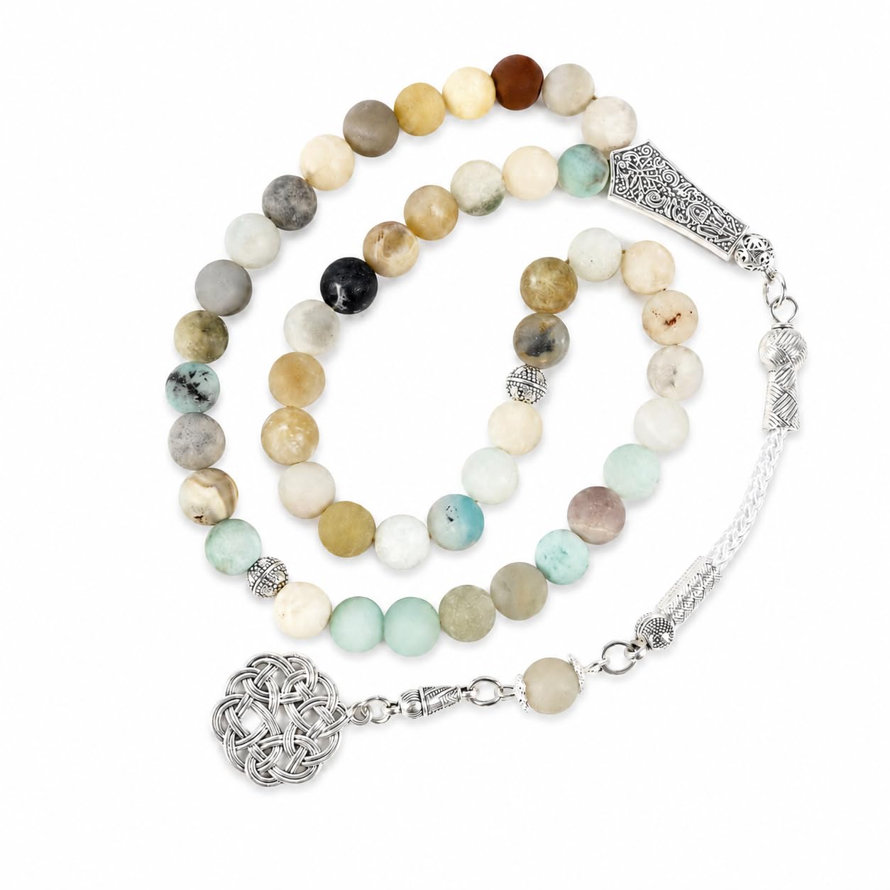 45-Bead Amazonite-Style Natural Stone Tasbih Misbaha with Slivery Tassel, Pastel Prayer Beads Gift for Men, Ramadan Eid Birthday Gift Box