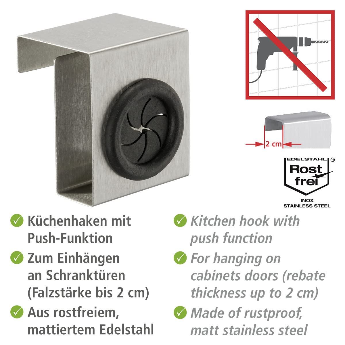 WENKO Gancio sopraanta Push inox satinato, Acciaio inossidabile, 5 x 6 x 4 cm