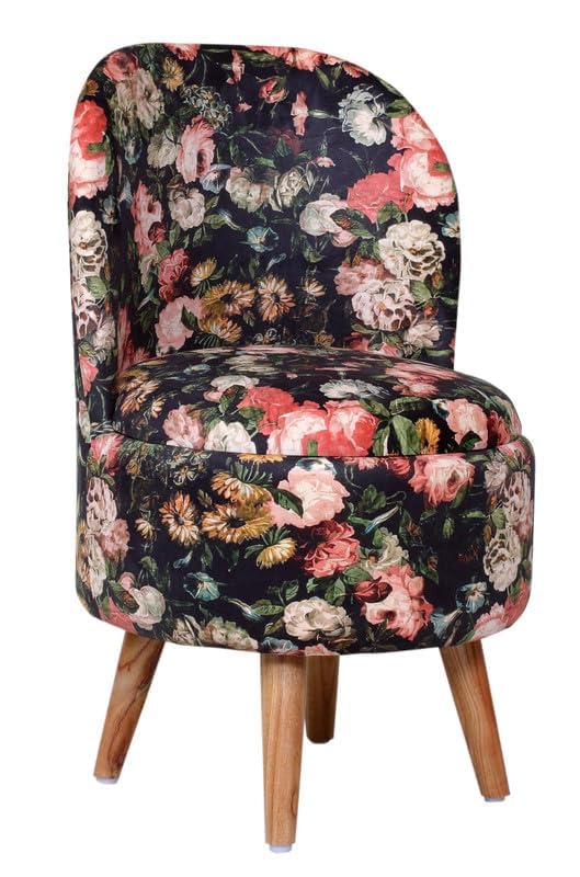 Image of Ottoman for Living Room, Velvet Round Foot Rest Stool, Wooden Legs Chair for Sitting, Ottoman for Bedroom & Makeup Room Decor | Chair (18 inchx18 inchx32 inch), Puffy (16 inchx16 inchx17 inch) | Black Rose