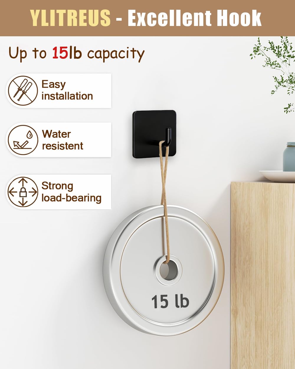 YLITREUS Ganci Adesivi 8 Pezzi - Ganci da Parete in Acciaio Inox Nero Senza Foratura per Bagno, Cucina, Soggiorno - Gancio Salvaspazio per Asciugamani e Gancio Autoadesivo per cappotti