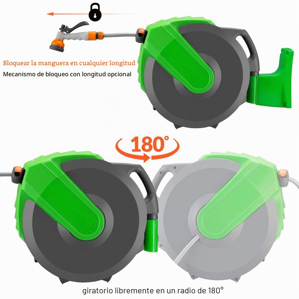 GARDEBRUK® Carrete Manguera Retráctil 30 m Sistema Enrollado Automático Soporte Pared Giratorio 180° Boquilla Roceado 7 Modos Riego Jardín Exterior