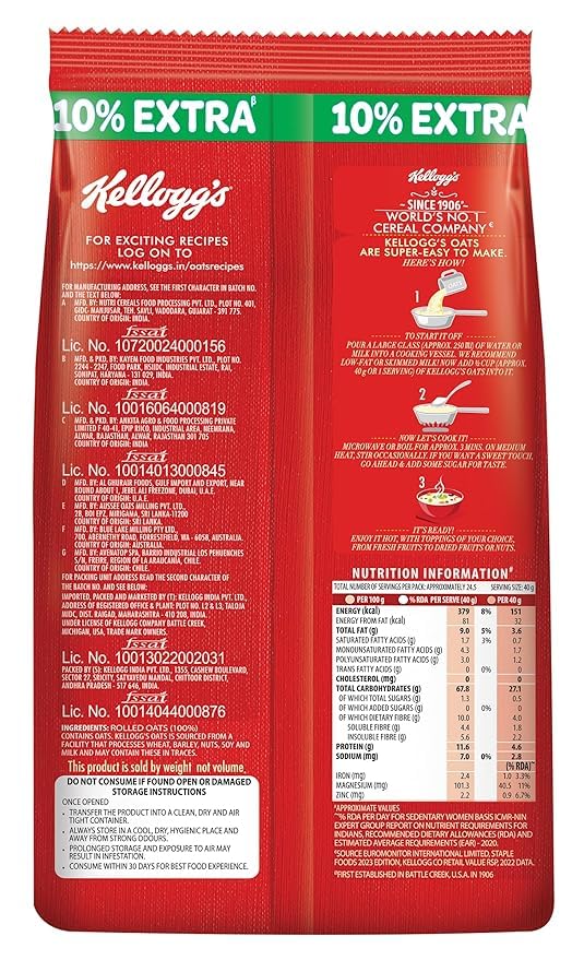 Image of Kellogg's Oats| Rolled Oats| High in Protein and Fibre, Low in Sodium | 400g Pack