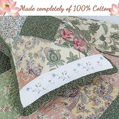 image for Cozy Line Home Fashions Floral Real Patchwork Olive Green Pink Scallop